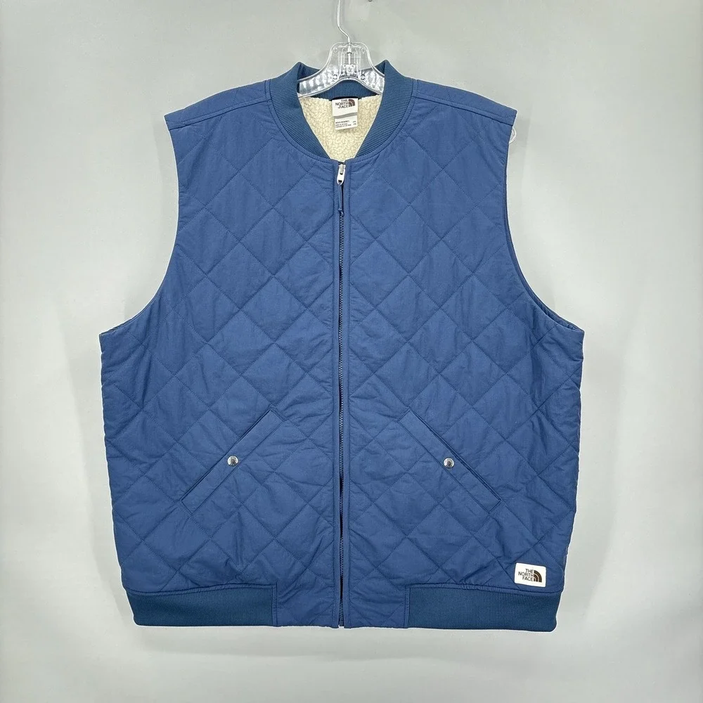 The North Face Vest Mens 2XL Blue Quilted Full Zip Sherpa Fleece Lined Insulated